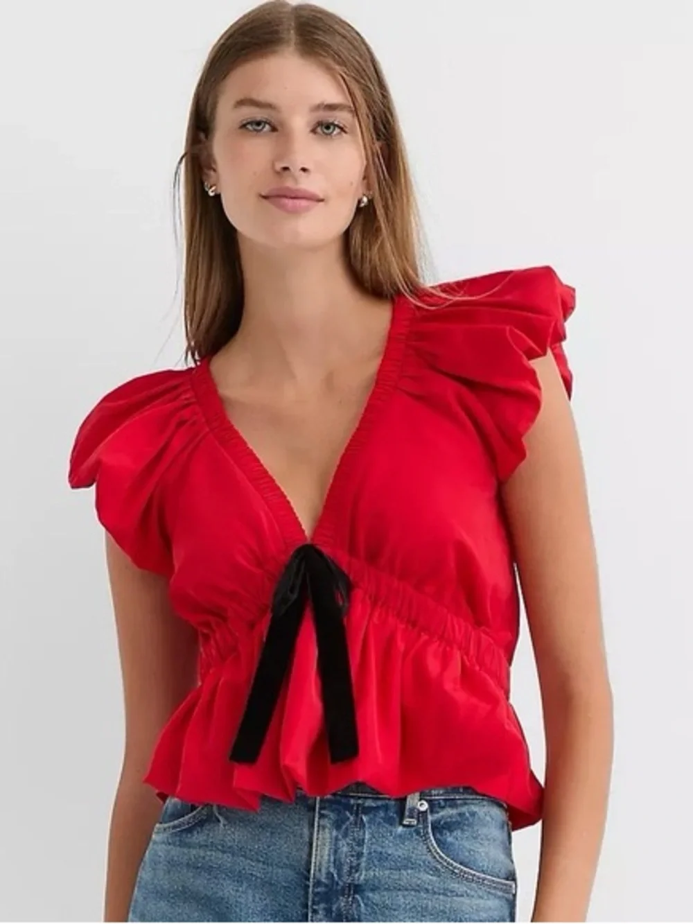LOFT NWT Red Ruffle Puff Sleeve V-Neck Top with Black Velvet Bow Size L